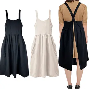 Cotton Linen Apron Cross  Work Apron for Women with Pockets Pinafore Dress X Cross Halter Apron for Chef Gardening