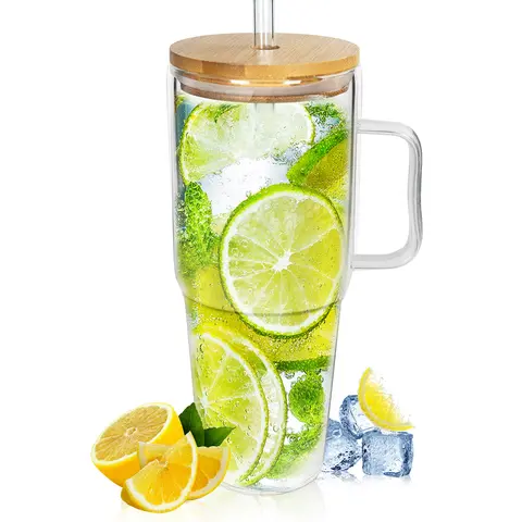 40 oz Glass Tumbler with Handle, Glass Cups with Lids and Straws, Bamboo Wide Mouth Fits in Car Holder Reusable Iced Coffee Cup Bottle Drinkware, Gifts Back to School, Dorm, Study, Work & Home Essential Glassware, Study Buddy Glass Mug