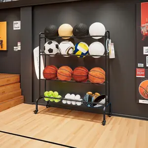 SUOERNUO Basketball Rack Rolling Sports Storage with Four-Layer Organizer & Three Baskets for Balls Black Hangable Design Adjustable Garage Shelf for Gyms & Garages Youth Friendly