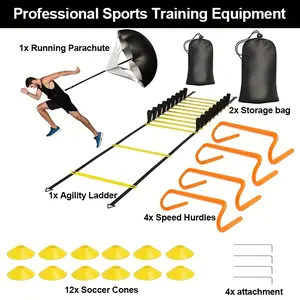 [Agility | Training] 20ft Agility Ladder, 4 Hurdles, 12 Disc Cones, 1 Resistance Parachute | Speed & Agility Ladder Training Equipment Set | For Football Soccer Basketball Athletes