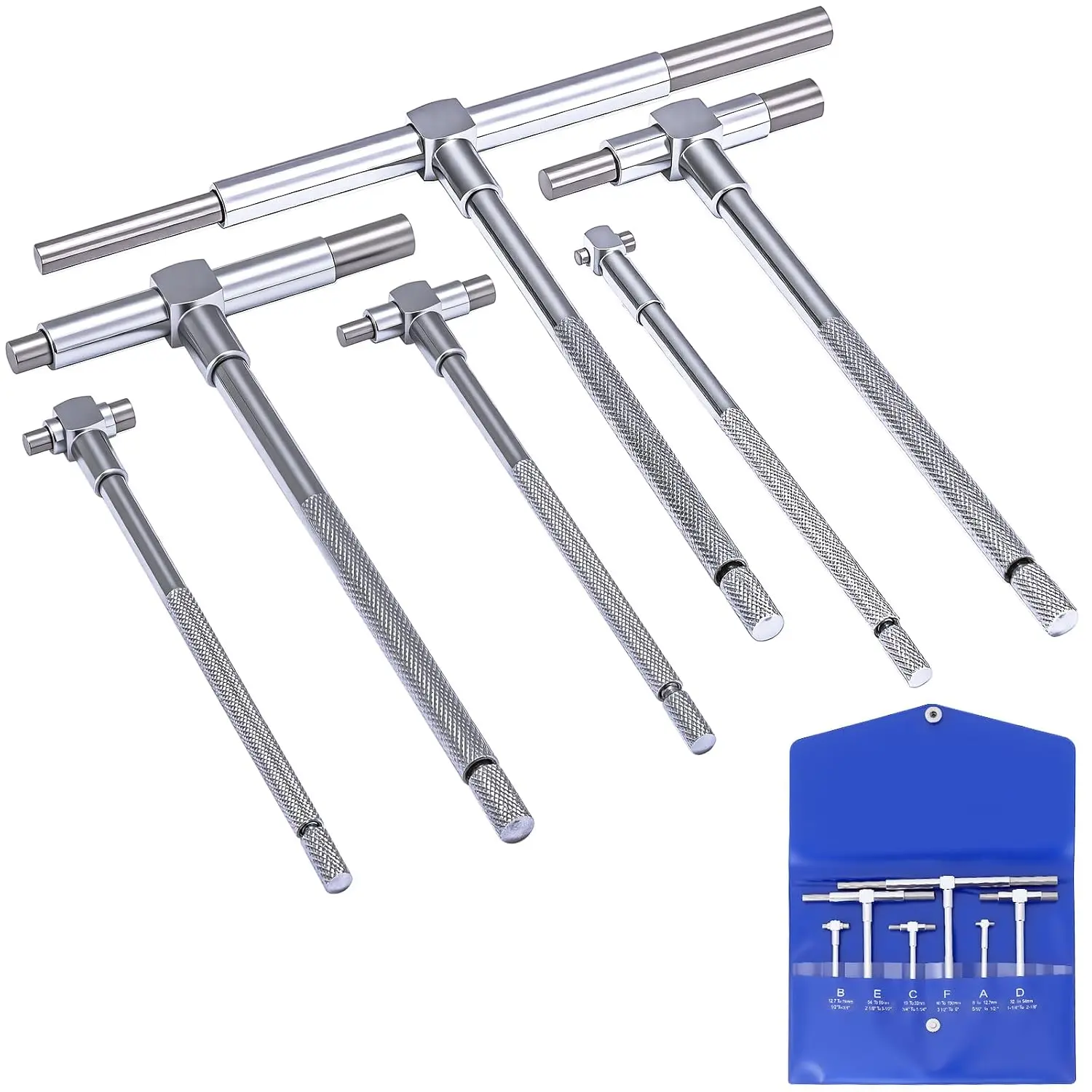6Pcs T Bore Hole Gauges Set Bulk, 5/16" - 6" Range - Smooth Action Telescoping Gauge with Lock, High Precision Telescopic Bore Gauge T-Gage Set, Complete Measurement Kit Includes Pouch