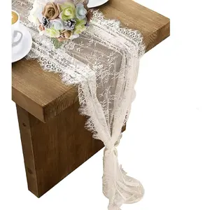 6PCS White Lace Table Runner 14 x 120 Inch Embroidered Boho Table Runner for Wedding Party Bridal Shower Decorations Vintage Rustic Table Runners