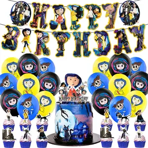 Ghost Mom Themed Birthday Party Decoration Coraline Girl Birthday Flag Cake Plug Balloon Spiral