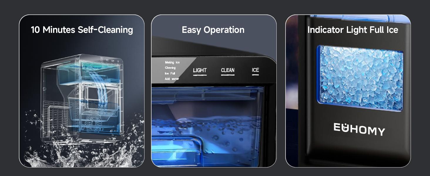 EUHOMY Nugget Ice Maker Countertop, 35Lbs/24H&44Lbs/24H Pebble Ice Maker Machine, Self-Cleaning Pellet Ice Machine with Ice Scoop&basket, Sonic Countertop Ice Machine for Home/Kitchen/Office(Black)