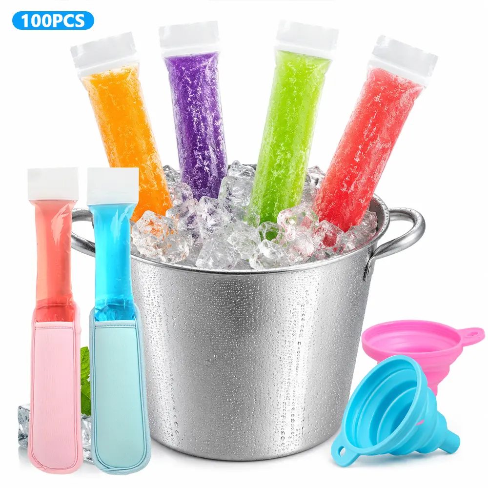 100-Piece Disposable DIY Popsicle Bags Pack - 2 Protective Covers, 2 Foldable Funnels Included - Ideal for Homemade Juice Popsicles, Yogurt Bars, Kitchen Utensils