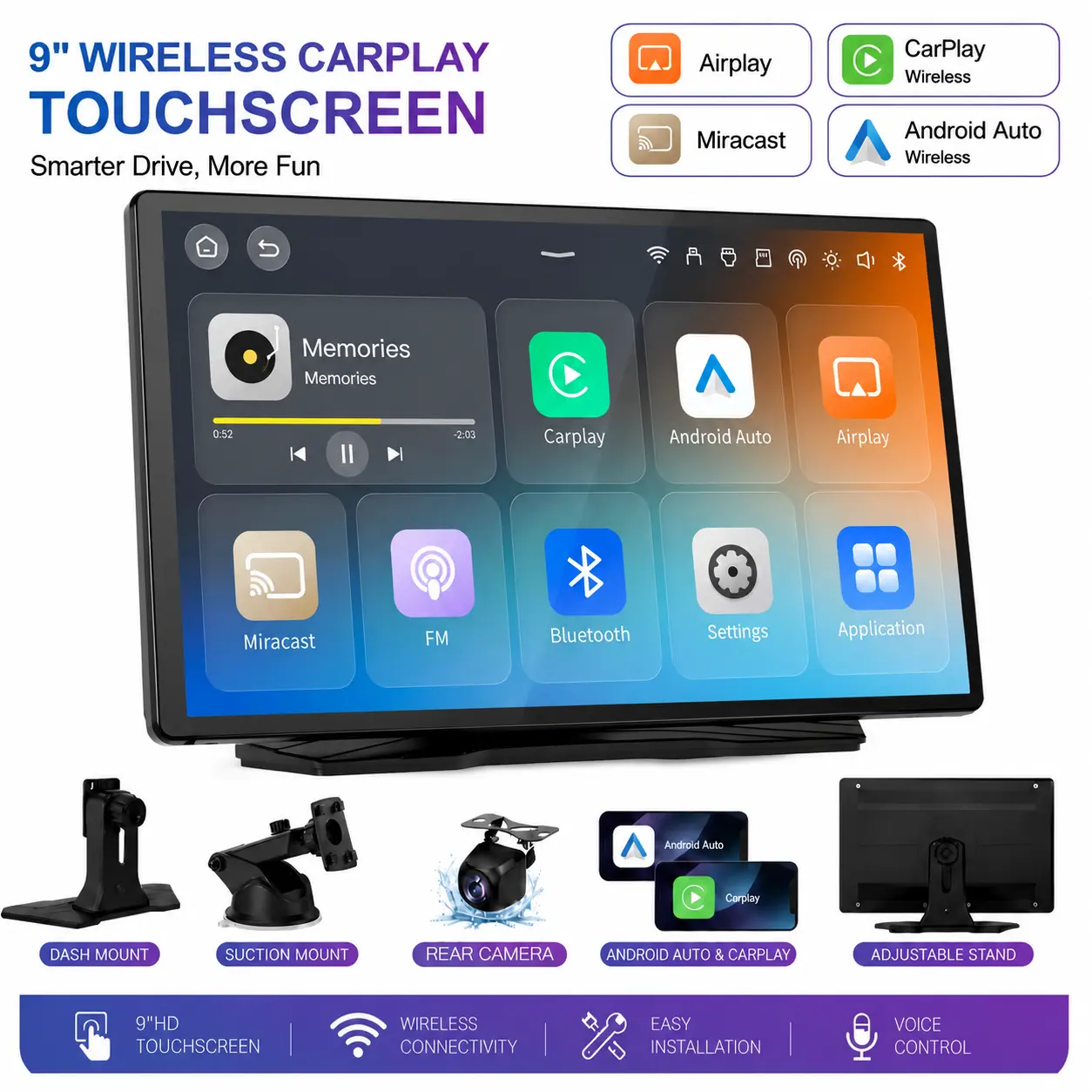 【YMQ】Hot Selling - 2026 Model 9-inch Wireless CarPlay Screen - Portable touchscreen supporting CarPlay, Android Auto, GPS, Mirror Link, and rearview camera | Voice control; requires mobile data after connection, ignore other Wi-Fi networks.