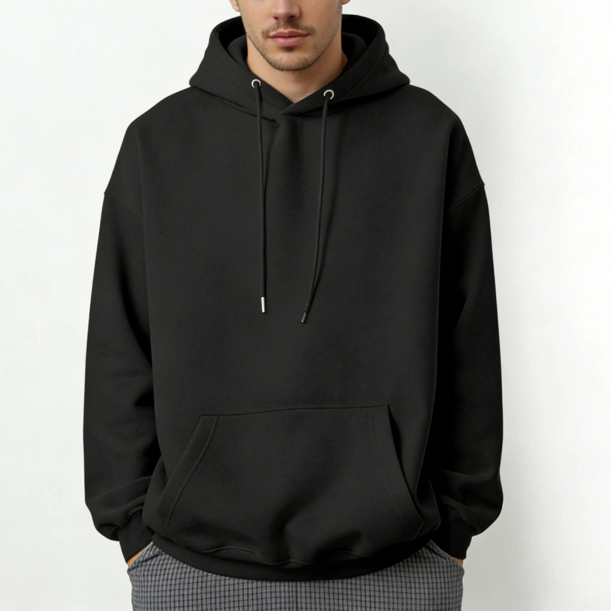 Men's Plain Black Hoodie, Relaxed Fit Drop Shoulder Pullover Sweatshirt, Soft Cotton Blend Casual Tops, Plus Size, Baggy, Long Sleeve, Street Style, Pullover Hoodie, Male, Menswear, Oversized, Loose, Relaxed Look, Plain Solid, Hooded Neck