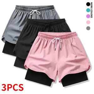 3-piece set: women’s athletic shorts, layered shorts with pockets, quick-dry shorts suitable for running, yoga, gym training, and summer sportswear,summervibes