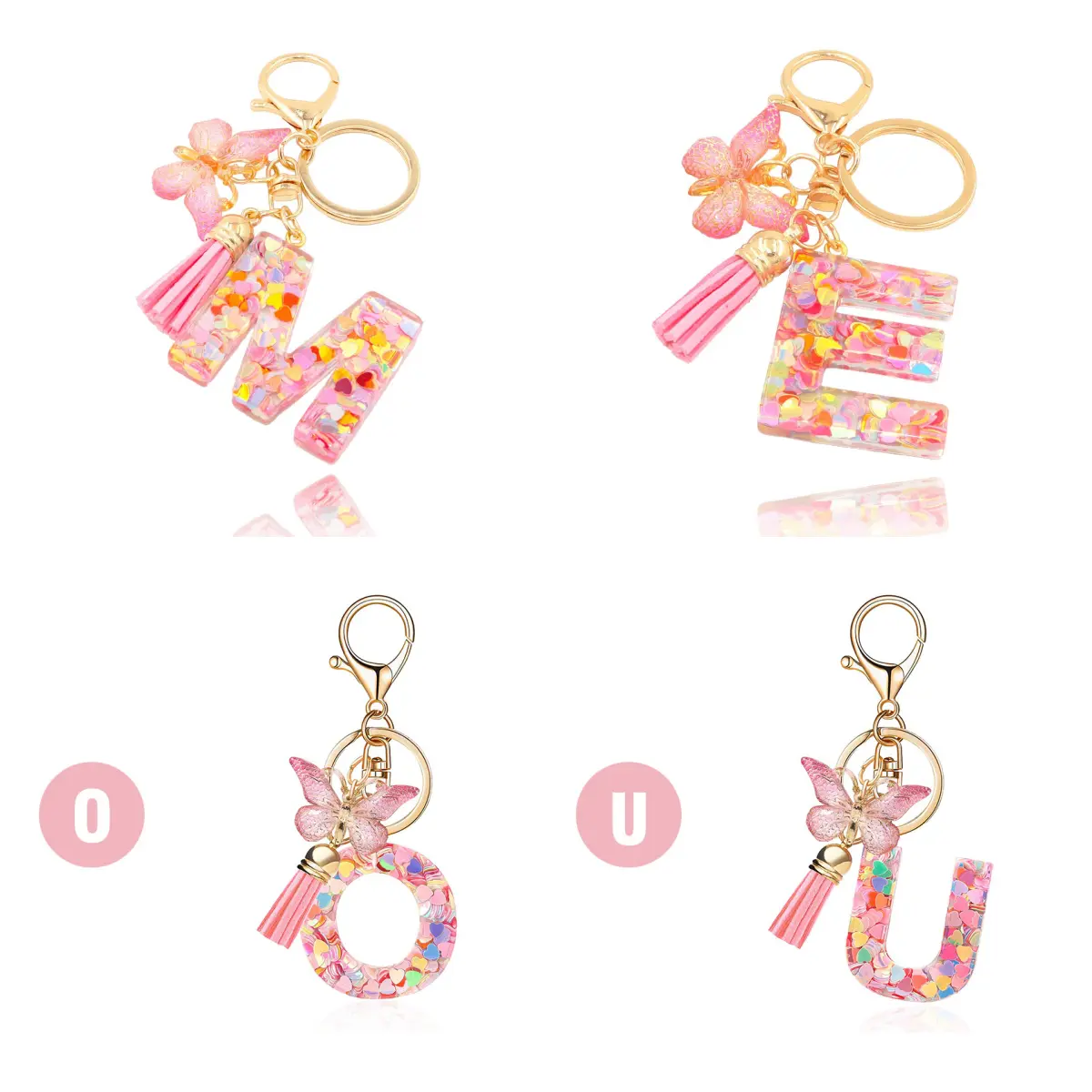 Initial Letter Keychain Cute Keychain Butterfly Pink Sequins Alphabet Resin Name Tassel Keychain for Valentines Gift  1 Count