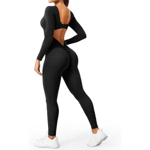 Long Sleeve Jumpsuit for Women Workout V Back Bodysuit Lizvette Scrunch Leggings One Piece Romper Full Length Bodycon