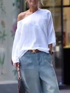 Women's Plain Asymmetrical Neck  Tee, Casual Loose Solid Thin T-shirt for Summer, Ladies Clothes for Daily Wear, Top