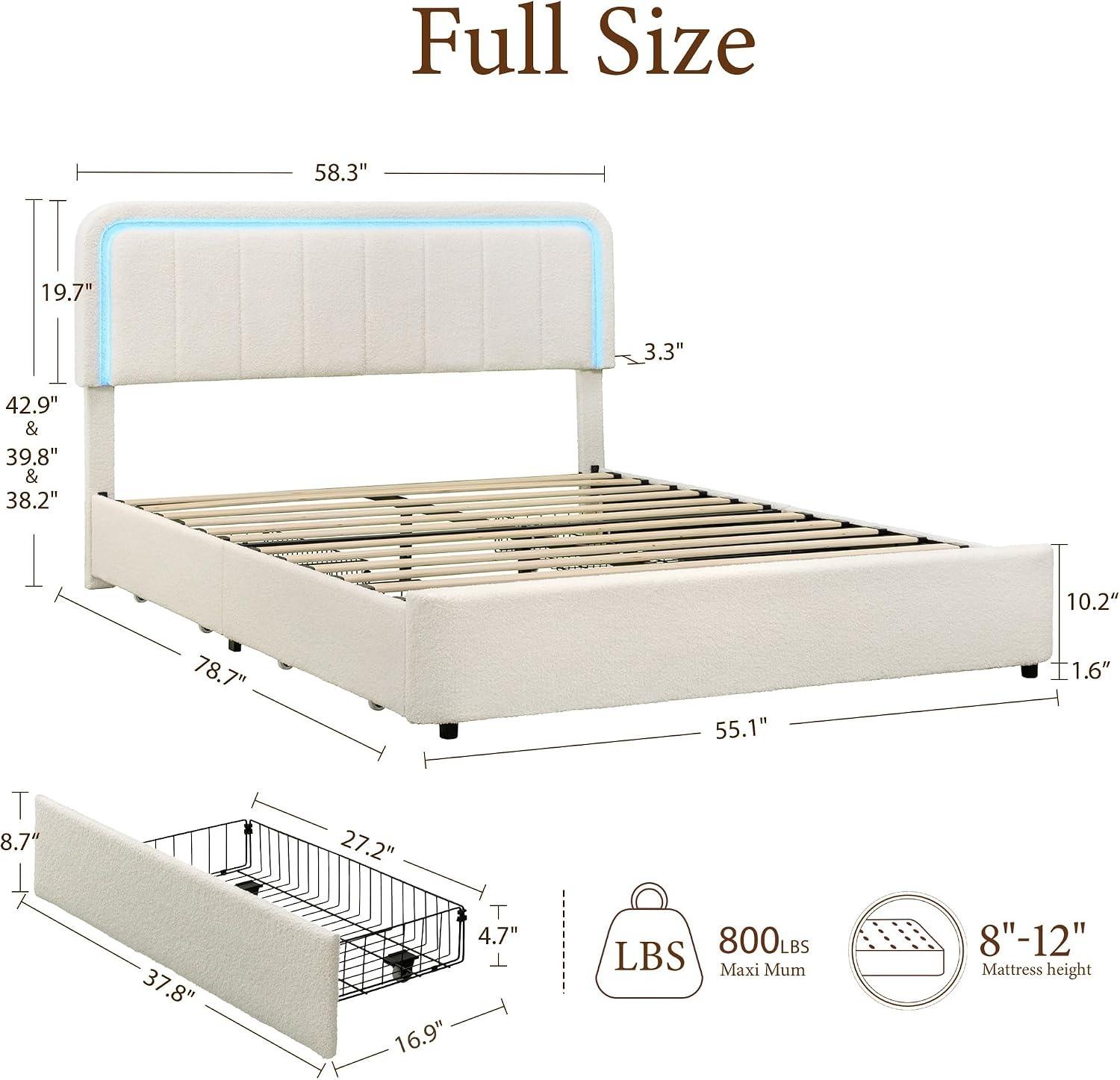Cloud Bed Frame with LED Light, Boucle Upholstered Bed | Beige, 4 Storage Drawers, Soft Curved Corners, No Box Spring Needed, Easy Assembly, Adjustable Headboard Cloud Bed Frame with LED Light, Boucle Upholstered Bed | Beige, 4 Storage Drawers, Soft Curved Corners, No Box Spring Needed, Easy Assembly, Adjustable Headboard