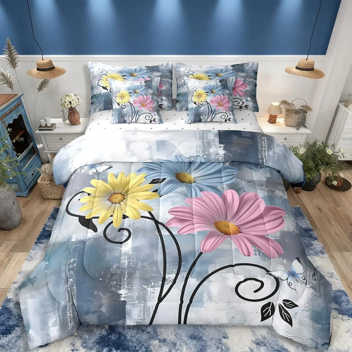 Rustic Flower Comforter Set,Farmhouse Country Floral Bedding Set,7 Pieces for Blue Daisy Flowers And Butterfly Bed In A Bag,Wooden Teal Turquoise Sheet Set with Comforter Pink Yellow Grey