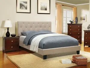 Leeroy Modern Upholstered Bed Frame with Tufted Headboard – Elegant Ivory Platform Bed for Stylish Bedrooms