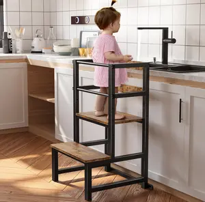 Toddler Kitchen Step Stool, Adjustable Height Learning Tower with Safety Rail, Steel & Wood Kitchen Stool for Kids, Toddler Helper Stool for Kitchen, Non-slip Toddler Tower