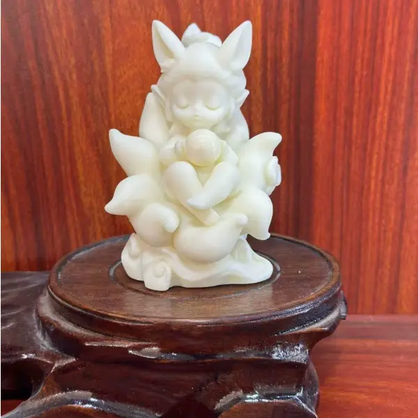 Ivory Nut Carved Nine-Tailed Fox of the "Mysterious Mountains and Seas" Ornament - Craft Decoration for Living Room, Car & Desktop