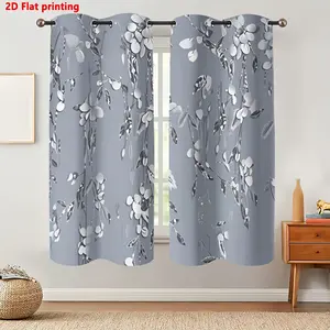 2D Flat, 2D Flat 2pcs White Flowers and Green Leaves Pattern Curtains, Gray Background, Rod Pocket Sun Blocking, HD Digital Printing, Elegant Modern Style, All-Season for Living Room Bedroom Study Window Decor, 2D Flat