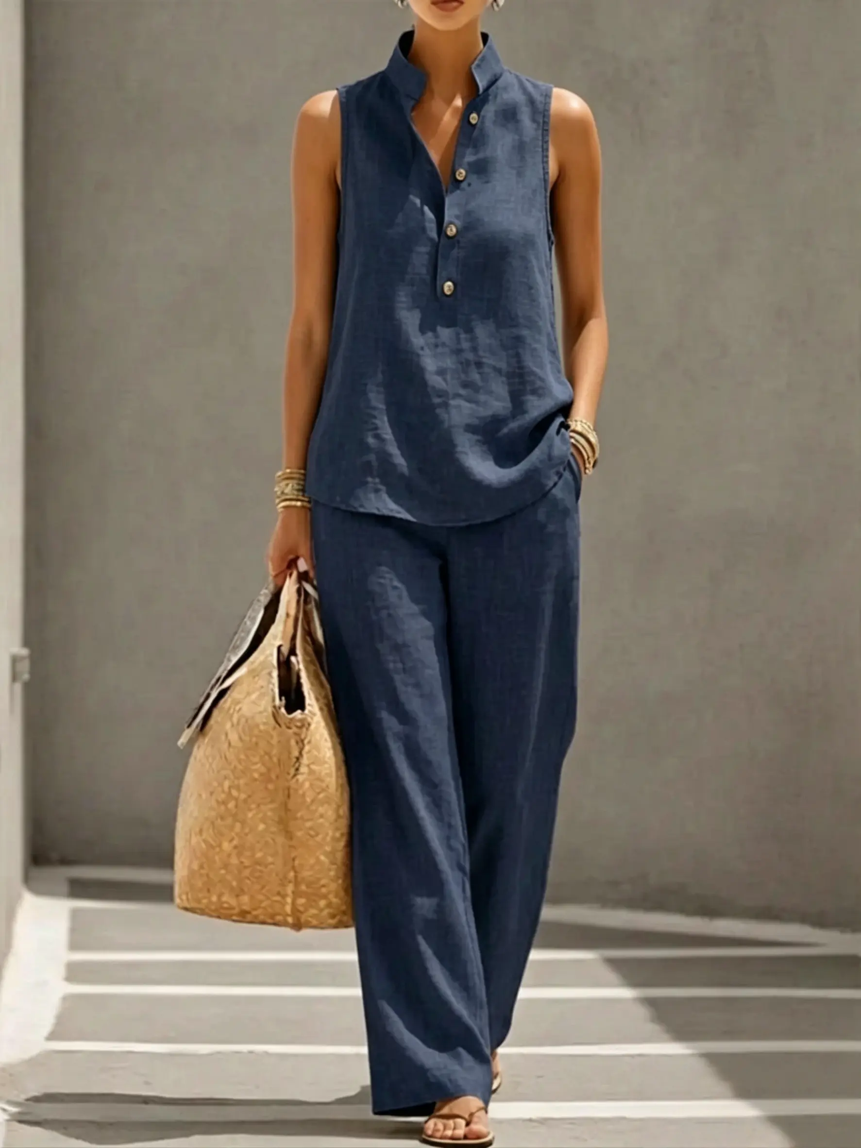 Women's 2-Piece Summer Stand-Collar Half-Button Urban Womenswear Set - Sleeveless Top with Drapey Loose Long Pants, Ideal for Commuting, Shopping