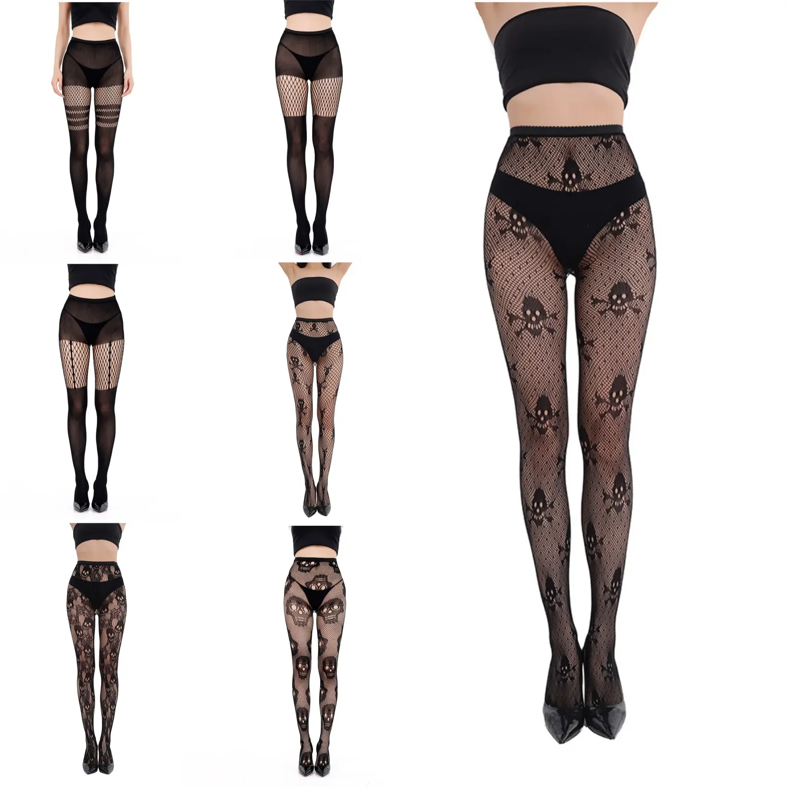 Women's Black Skull-Accented Fishnet Thigh High Stockings - 1-Size-Fits-All, Comfortable Style for Lady Casual Wear, Elegant, Graphic, Clothes, One Size