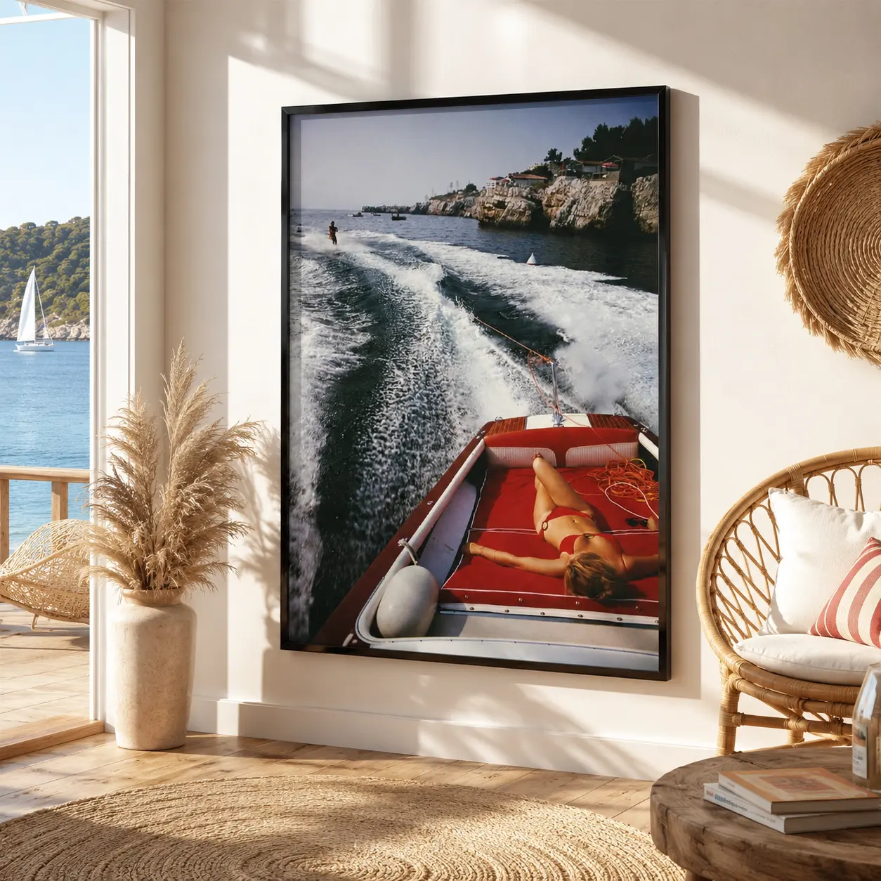 Vintage Speedboat Coastal Summer Framed Canvas Print, Retro Mediterranean Riviera Beach Vacation Aesthetic Wall Poster, Classic Old Money Nautical Decor Gift for Summer Lovers, Ideal Wall Art for Living Room Bedroom Bar Office Home