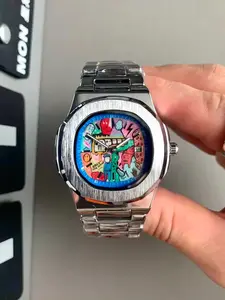 Men's Trendy Quartz Watch, New Retro Square Graffiti Watch, Geometric Pattern, Metal Case, Analog Display, Buckle Closure, Gift Choice, Square Dial Wristwatch, Casual Analog Watch