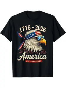 Men's Patriotic Eagle 250th Anniversary USA T-Shirt - 1776-2026 American Flag Design Cotton Tee, Loose Fit Round Neck Vintage Style 4th of July Apparel