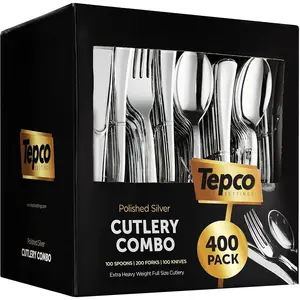 400 Plastic Silverware Set - Silver Cutlery Set - Disposable Flatware Set - 200 Forks - 100 Spoons - 100 Knives - Heavy Duty - Party Bulk