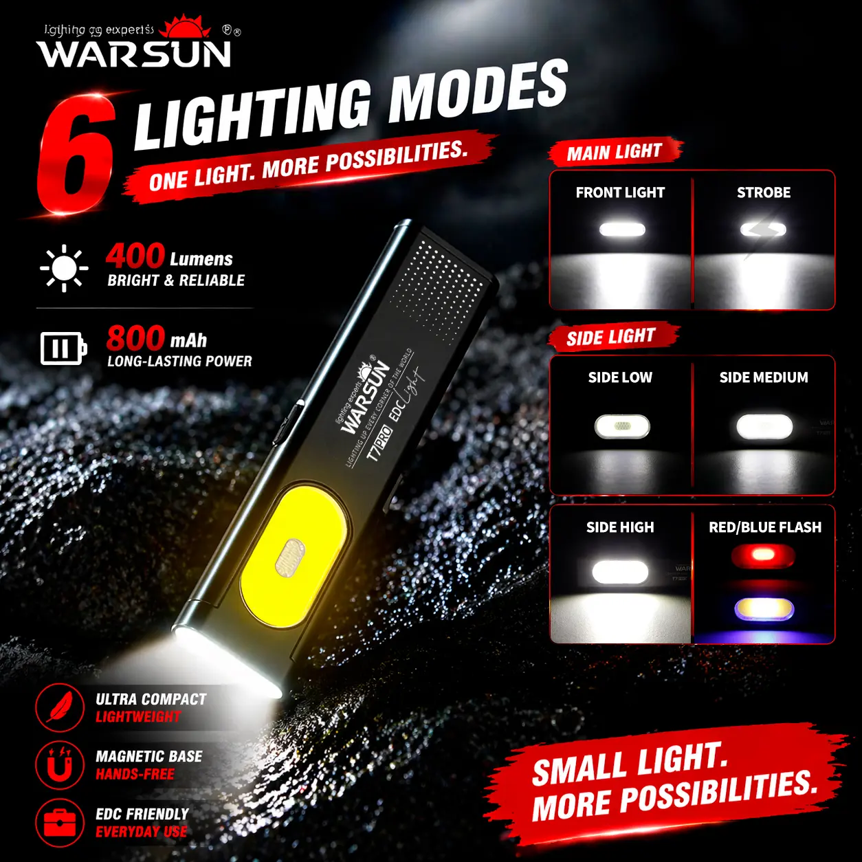 #Summervibes WARSUN T7 EDC Flashlight, Compact Multi-Mode Pocket LED Flashlight, USB-C Rechargeable, IPX4, Dual Material, Red/Blue Strobe