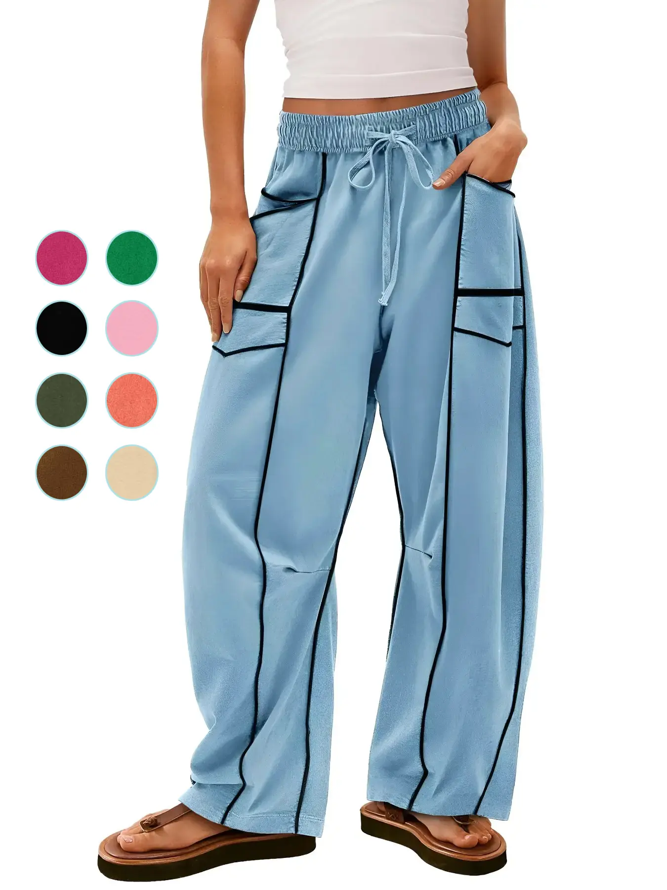 Women's Sporty Style Loose Wide Leg Casual Sports Drawstring High Waist Long Pants with Pockets, Comfortable and Stylish Women's Clothing