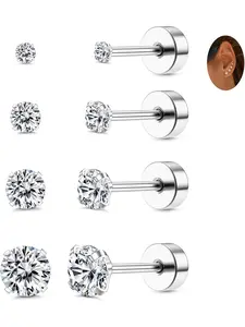 4 Pairs Titanium Stud Earrings FlatBack Ball Dot CZ Cartilage Earrings Set Earrings Jewelry Stainless Steel Small Flat back Stud Earrings for Women Men 2mm 3mm 4mm 5mm 20G Studs Earrings