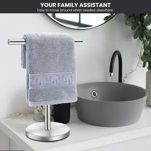 T-Shape Bath Hand Towel Holder Stand Stainless Steel Free Standing Hand Towel Rack with Heavy Base for Bathroom Kitchen Countertop Silver Durable Upgraded Design Easy Assembly Multi-Purpose Installation Set