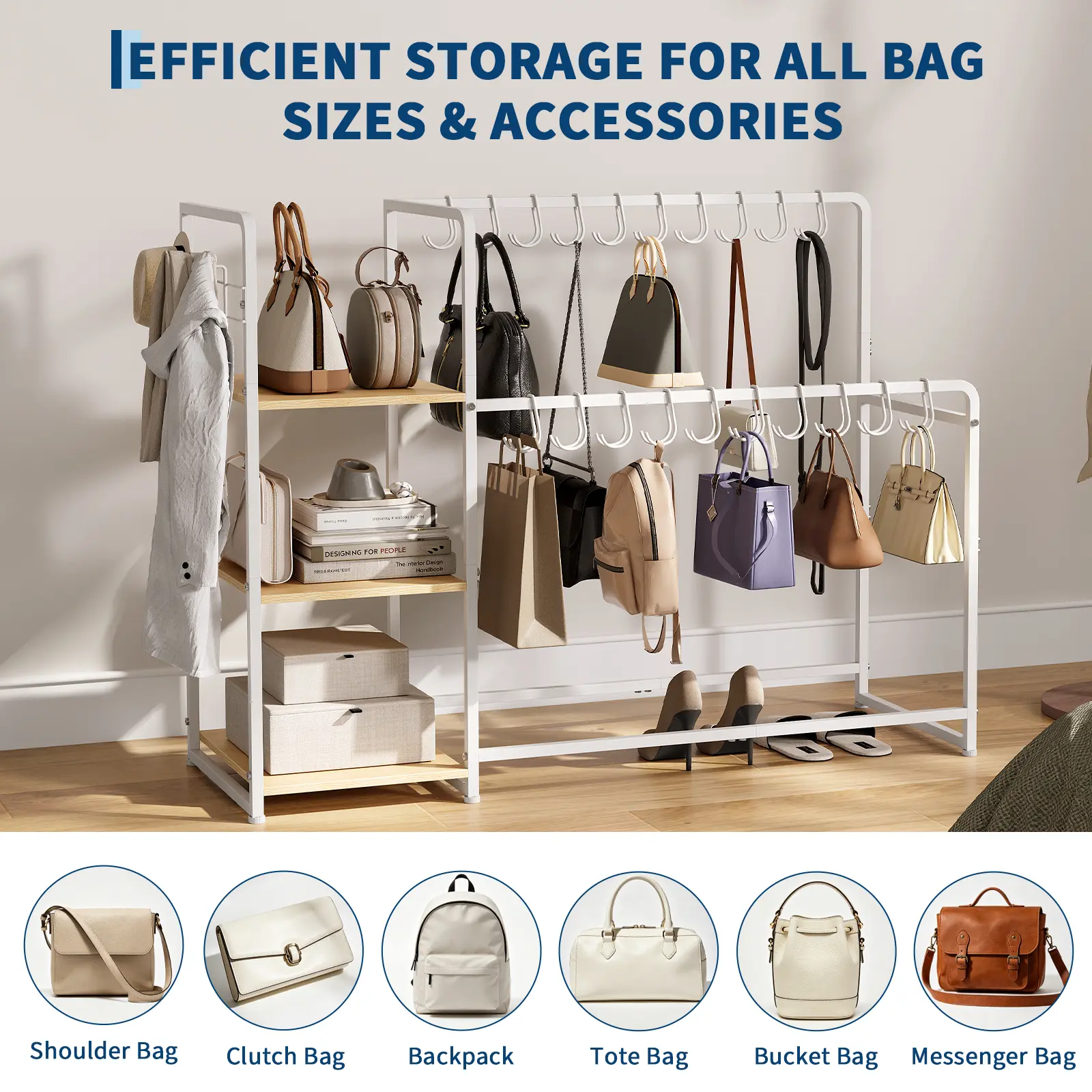 Garvee Spacious 3-Tier Purse Organizer Rack with 20 Hangers, 3 Side Hooks & Movable Wheels – Large Wooden Handbag Storage Shelf for Closet, Bedroom, Entryway – Black & Vintage Finish