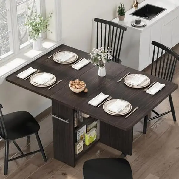 Space Saving Folding Dining Table, Farmhouse Dining Table 2-Layer Storage Shelf, 6 Wheels Multipose Expandable Kitchen Drop Leaf Table for Small Space (Walnut, 47.2" D x 23.6" W x 29.5" H)