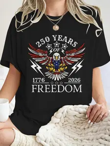 Women's American Flag Eagle Pattern Graphic Fitted T-Shirt, Soft Elastic Round Neck Short Sleeve, Casual Summer Spring Top, Vacation Wear