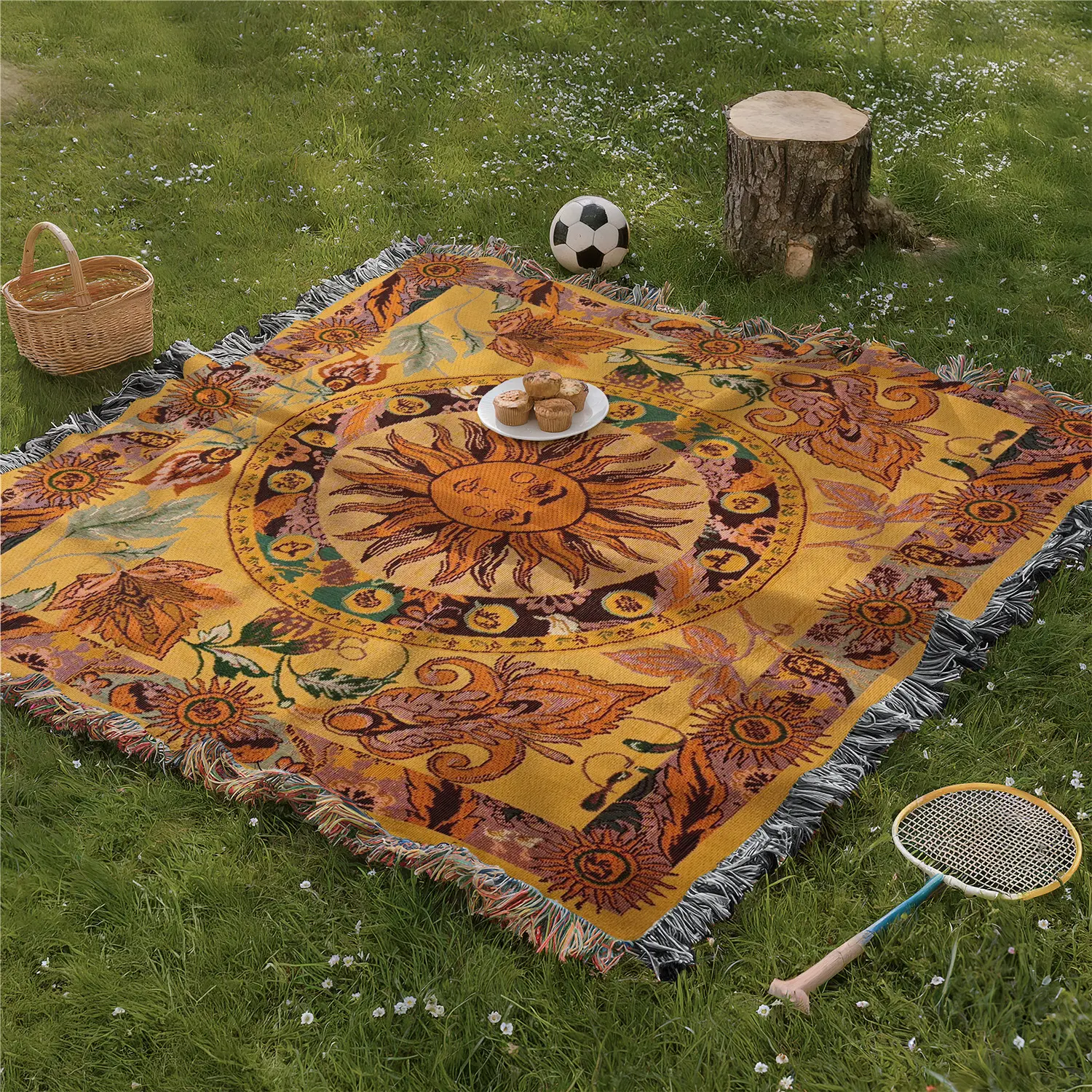 Golden Sun Pattern Bohemian Yarn Jacquard Woven Boho Style Blanket with Tassel, Floral Throw, Thick Soft Washable Blanket, Used for Home Decor Sofa Chair Bed Tapestry Tablecloth Floor Garden Picnic Outdoor Camping