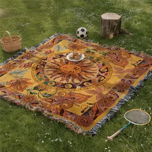 Golden Sun Pattern Bohemian Yarn Jacquard Woven Boho Style Blanket with Tassel, Floral Throw, Thick Soft Washable Blanket, Used for Home Decor Sofa Chair Bed Tapestry Tablecloth Floor Garden Picnic Outdoor Camping