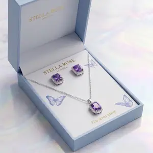 Stella Rose Fine Silver Plated Jewelry Set Purple Rectangular Necklace Earrings