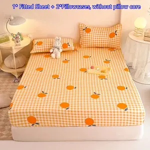 3pcs Polyester Printed Plaid New Orange Fitted Sheet Set, Fruit Print, Plaid Print, Bedroom Set 1 Fitted Sheet + 2 Pillowcases