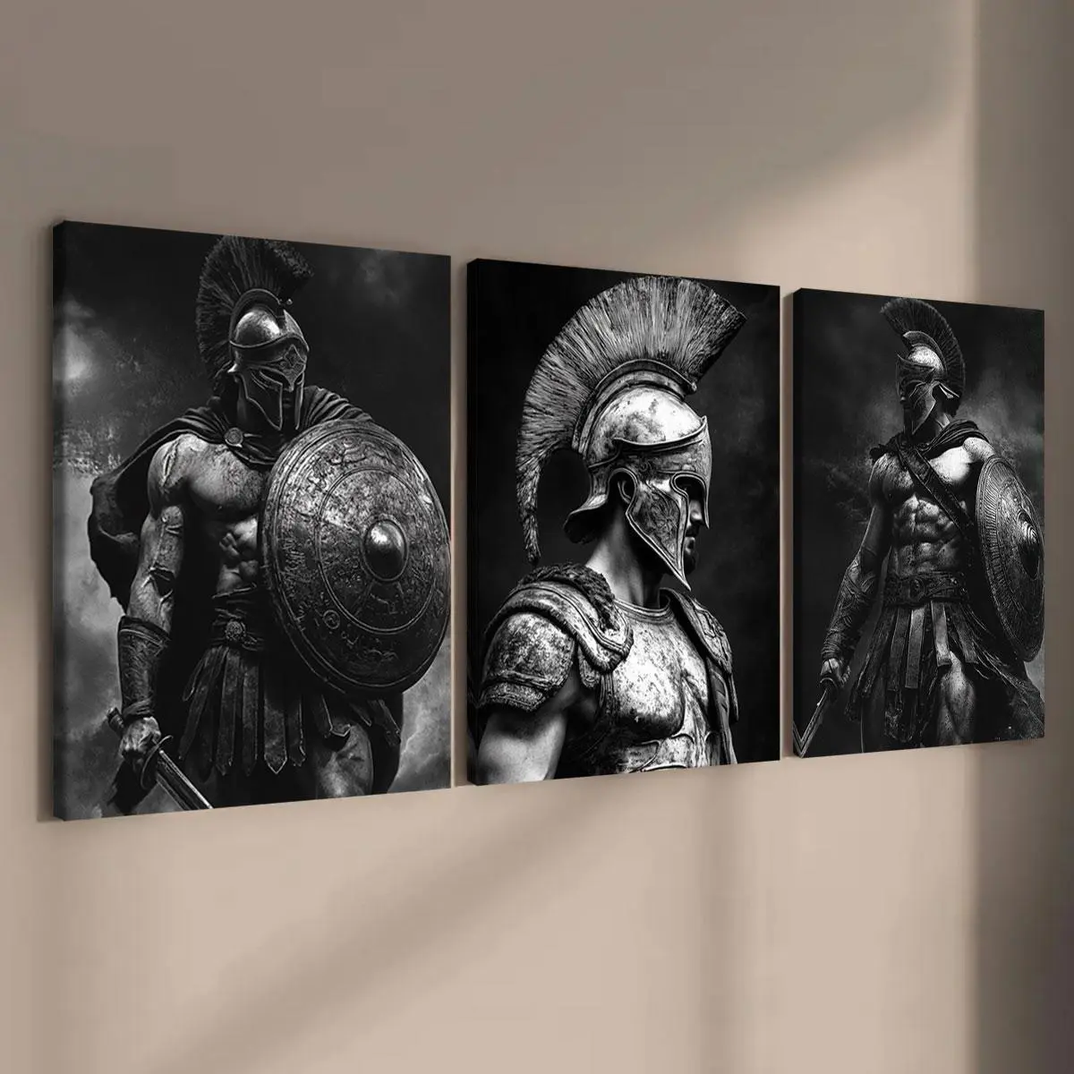 Wooden Framed Canvas Painting, 3 Counts/set Strong Ancient Greek Warrior Pattern Wall Art, Wall Decor for Home Living Room Bedroom Office, Ornaments, Decorative Artwork