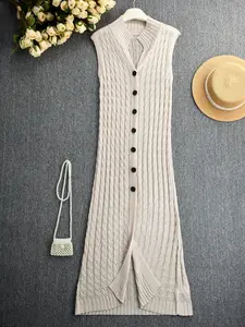 Elegant Cable Knit Textured Breathable Long Vest for Women, Sleeveless Stand Collar Single Button Design for Spring Summer Fall, Elegant Layering Top