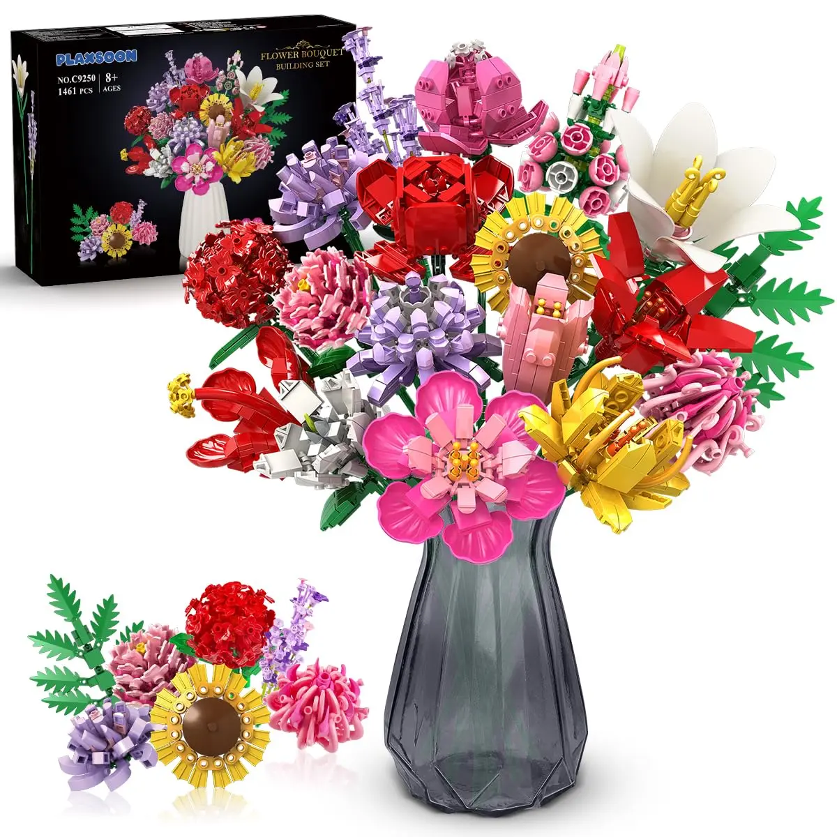 Flower Bouquet Building Set, Valentines Day Botanical Collection Building Block Toy 1461 PCS, 18 Flowers Rose Sunflower Home Plant Decor, Birthday Gifts for Adults Women Boys Girls 8-12+