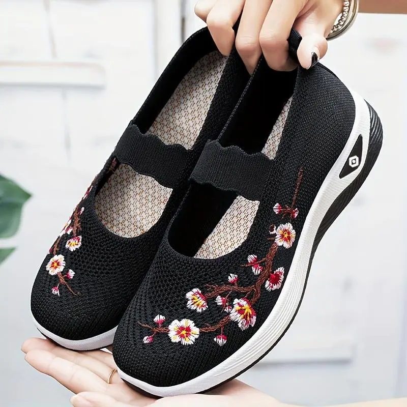 All-Season Breathable Mesh Wedge Sneakers for Women,Mary Jane Scalloped Strap Embroidered Walking Shoes