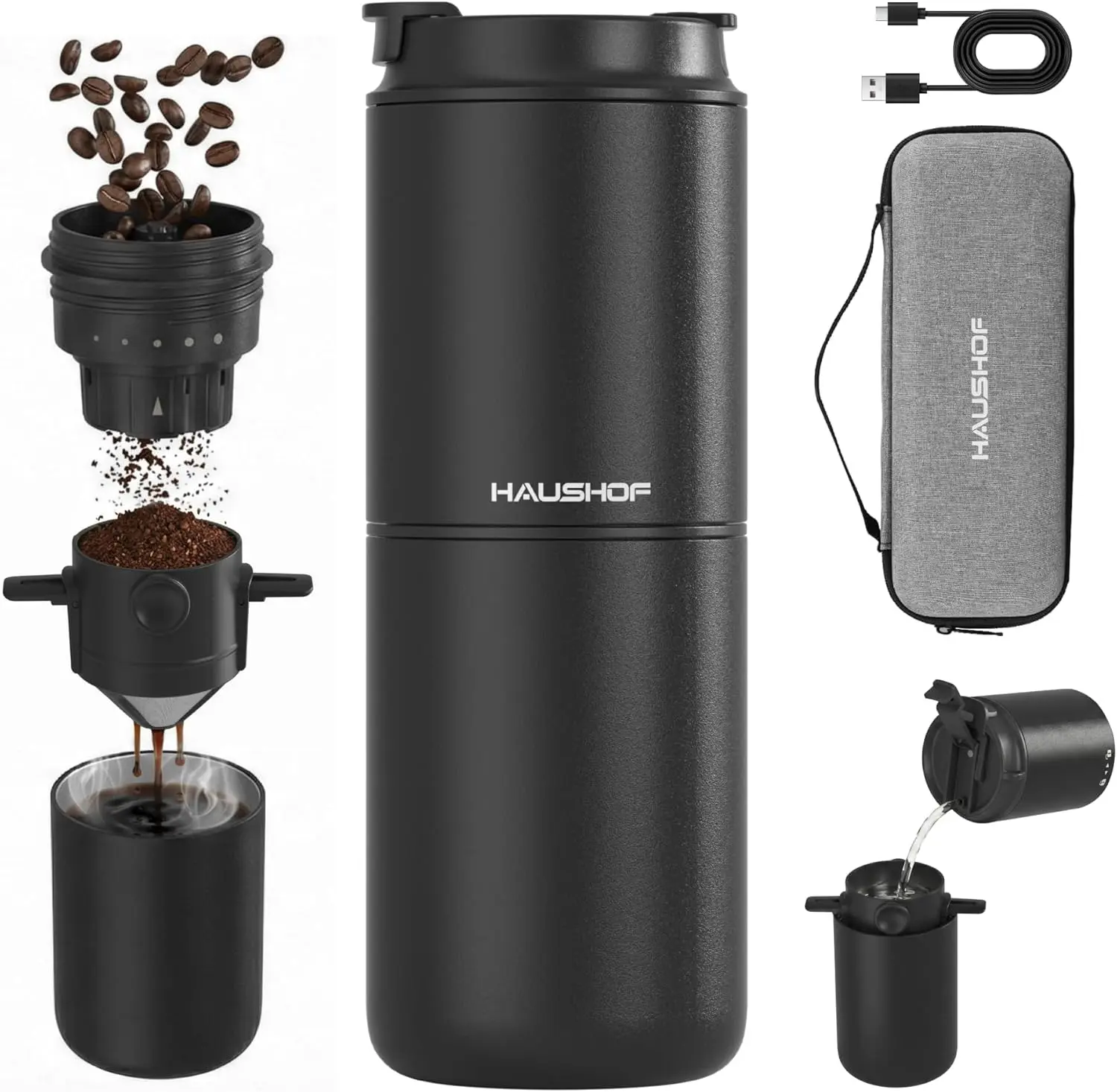 #summersale HAUSHOF Portable Electric Coffee Grinder, Travel Coffee Maker and Brewing Kit, Coffee Grinders for Home Use, Portable Pour Over Coffee Maker For Travel, Camping, Car