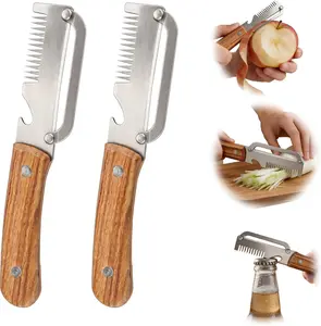 Multifunctional Vegetable Peeler, 3 in 1 Potato Peeler with Wooden Handle, Green Onion Slicer with Bottle Opener Kitchen Tool for Peeling Veggie Fruit Pineapple Pumpkin Papaya Carrrot(2 Pack)