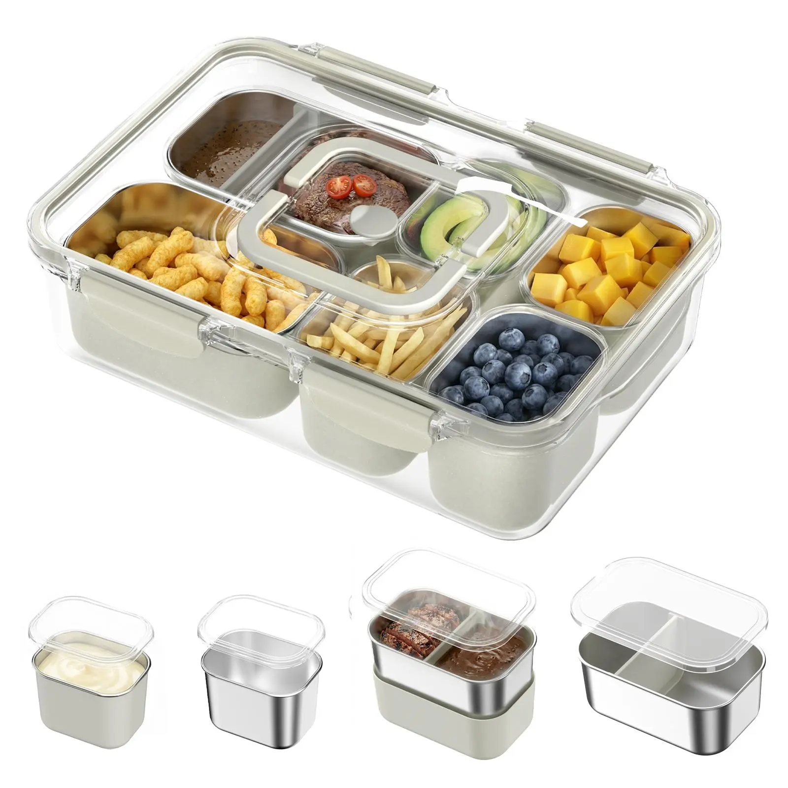 6-Compartment Sturdy Stainless Steel Snackle Box Container, Transparent Lid & Silicone Sleeve, Thermal Warm or Cold Safe with Warm Meal Barrier, BPA-Free Leak-Proof Dishwasher-Safe for Kids, Adults, School Travel