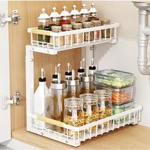 2 Tier Kitchen Cabinet Organizer, L Shape Height Adjustable Sink Organizer, Spice Rack Standing Kitchen Organizer Under Sink Shelf, Under Cabinet Cleaning Supplies Organizer for Kitchen, Sink