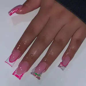 Rhinestone & Cherry Decor Glittering Fake Nails with 1 Nail File & 1 Sticker Sheet (24pcs/box), French Style Duckbill Shaped Press On Nails, Stick On Nails DIY Nail Art Kit, Christmas Gift, Nail Art Tools, French Tip Nails