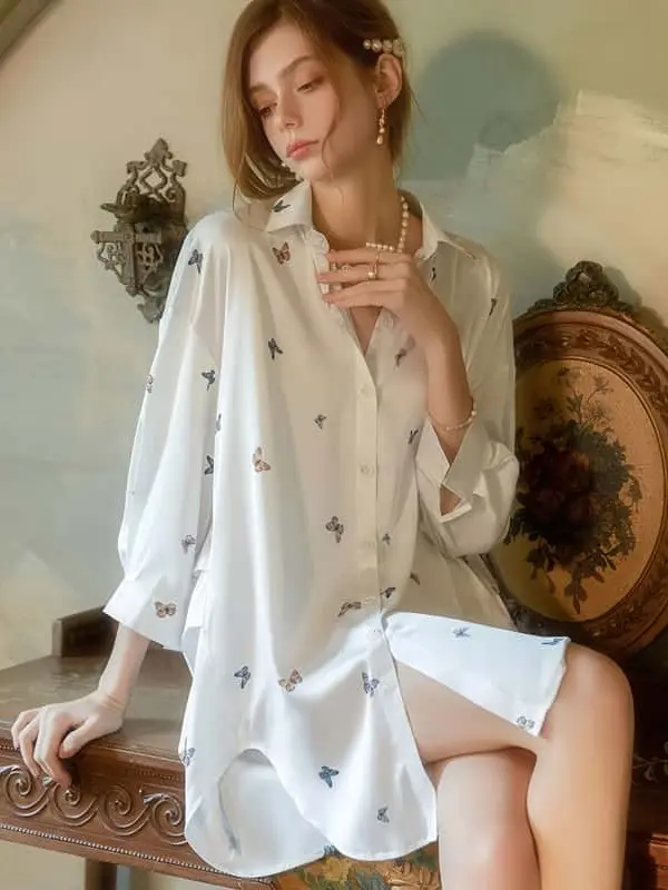 Women's Vivid Print Shirt, Relaxed Fit Long Sleeve Button Down Top in Silky Knitting, Collared Blouse for a Sexy Look, Reveal Collars, Machine Wash Cold, Boyfriend Cut, Butterfly, Boyfriend Look, Collared Neck