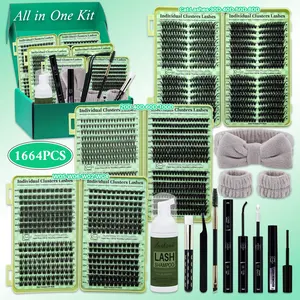 1664pcs/set D Curl Lash Clusters Kit, 12 Styles Cat-Eye & Volume Lashes Book with Bond and Seal, Lash Remover, Brush, Applicator, Headband, Wristband & Lash Shampoo, Perfect for Beginners & Professionals, DIY Eyelash Extensions at Home Easily