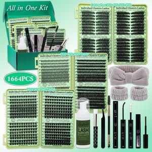 1664 PCS Lash Clusters Kit D Curl 12 Styles Cat/Volume Lashes Book Kit with Bond&Seal Lash Remover Brush Lash Applicator Headband Wristband set and Lash Shampoo&Brush, Perfect for Beginners&Proficient, DIY at Home Easily, Cosmetic